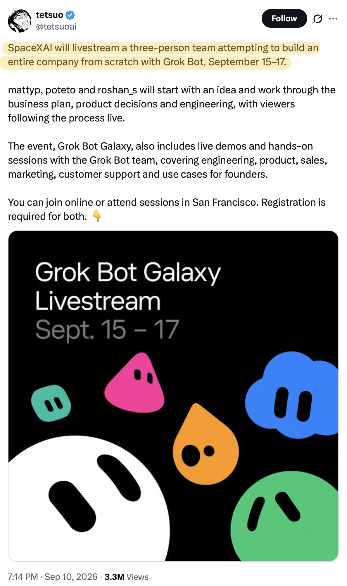 SpaceXAI Grok Bot Galaxy livestream announcement